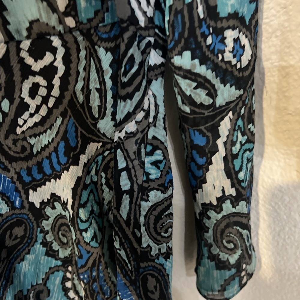 Bob Mackie Blouse BLACK/BLUE/TEAL Paisley Print Side Zip SZ 12 ***FLAW*** - Picture 4 of 6